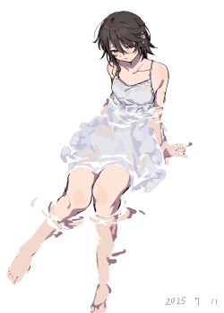 Rule 34 | 1girl, bare shoulders, barefoot, black hair, blush, breasts, collarbone, dated, dress, hair between eyes, highres, momijiyama teru, short hair, shy (series), small breasts, takatisakana, water