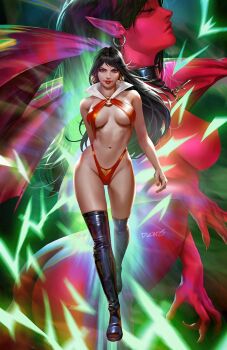 2girls black_boots black_hair boots breasts collar colored_skin crossover dcwj demon_girl earrings highres jewelry long_hair looking_at_viewer medium_breasts multiple_girls navel pointy_ears purgatori purgatori_(series) red_skin thigh_boots vampirella vampirella_(character) white_collar