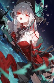 1girl absurdres angelfish aqua_gloves aqua_hat arknights ascot bare_shoulders black_ascot blurry blurry_foreground breast_press breasts clothing_cutout commentary_request cowboy_shot detached_sleeves dress dutch_angle fish flying_fish gloves hair_between_eyes hair_ornament hair_ribbon hat highres holding holding_staff korean_commentary leg_ribbon long_hair long_sleeves looking_at_viewer lying medium_breasts nabezuru navel_cutout off-shoulder_dress off_shoulder official_alternate_costume on_side open_mouth red_dress red_eyes red_ribbon red_sleeves ribbon skadi_(arknights) skadi_the_corrupting_heart_(arknights) solo staff tropical_fish very_long_hair water white_hair