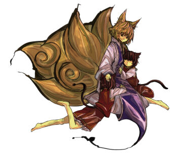 Rule 34 | 3girls, animal ears, blonde hair, brown hair, cat ears, cat girl, cat tail, chen, clone, closed mouth, dress, expressionless, feet up, fox ears, fox girl, fox tail, frilled skirt, frills, full body, hands on another's head, hug, kitsune, long sleeves, looking at another, lying, medium skirt, missing headwear, multiple girls, multiple tails, on stomach, petting, purple tabard, red skirt, red vest, seiza, shirt, short hair, sitting, skirt, smile, tabard, tail, touhou, uewtsol, vest, white background, white dress, white shirt, yakumo ran
