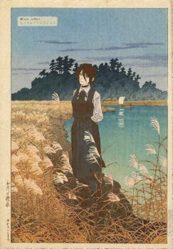 Rule 34 | 1girl, artist name, black choker, black dress, black hair, black ribbon, boat, border, cattail, chainsaw man, choker, closed mouth, collared shirt, dress, enzo japhet, forest, full body, green eyes, hashtag-only commentary, highres, hill, lake, long sleeves, looking at viewer, nature, neck ribbon, outdoors, plant, reze (chainsaw man), ribbon, shirt, shirt under dress, sky, sleeveless, sleeveless dress, solo, standing, twitter username, water, watercraft, white shirt