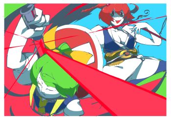 2girls absurdres blue_background blue_dress border breasts brown_sash cleavage closed_eyes coin coin_on_string colored_skin commentary_request cookie_(touhou) cowboy_shot daiyousei diyusi_(cookie) dress green_hair highres holding holding_scythe ishizaki_(ishizaki100) large_breasts looking_at_viewer multiple_girls no_entry_sign obi onozuka_komachi open_mouth puffy_short_sleeves puffy_sleeves red_eyes red_hair road_sign sash scythe shaded_face shirt shishou_(cookie) short_hair short_sleeves sign smile touhou traffic_baton white_border white_shirt white_skin