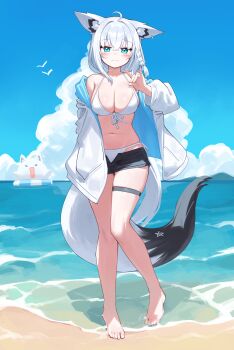 1girl absurdres animal_ears barefoot bikini blue_eyes blue_sky braid breasts closed_mouth cloud commentary_request day deaver feet fox_ears fox_girl fox_tail fubuzilla_(shirakami_fubuki) full_body highres hololive jacket large_breasts ocean open_clothes open_jacket outdoors pentagram shirakami_fubuki single_braid sky smile solo standing summer swimsuit tail thigh_strap virtual_youtuber white_bikini white_jacket