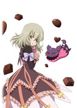Rule 34 | 1girl, artist request, bag, blonde hair, bow, chocolate, cowboy shot, creature, cropped jacket, doll, dress, elize lutus, food, frills, from side, game cg, green eyes, holding, holding bag, holding chocolate, holding food, light blush, looking at viewer, medium hair, official art, open mouth, purple bow, purple dress, purple ribbon, ribbon, solo, tales of (series), tales of asteria, tales of xillia, teepo (tales), third-party source, transparent background, valentine