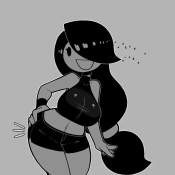 1girl animated animated_gif black_eyes bouncing_breasts breasts commentary cream_(movail2) crop_top curvy dolphin_shorts english_commentary english_text grey_background greyscale hair_over_one_eye hand_on_own_hip highres large_breasts long_hair looking_at_viewer looping_animation low-tied_long_hair midriff monochrome movail2 narrow_waist navel open_mouth original ponytail shorts simple_background sleeveless solo very_long_hair wide_hips