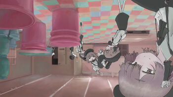6+girls ascot beret black_hat black_skirt brown_eyes brown_hair bucket ceiling clone floating floor flower hair_flower hair_ornament hat hatoba_tsugu highres indoors long_sleeves multiple_girls rose shiraichigo shirt short_hair skirt smile standing suspender_skirt suspenders tsugu_(vtuber) upside-down virtual_youtuber white_flower white_rose white_shirt