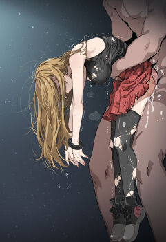 1boy 1girl black_background black_shirt black_shoes black_thighhighs breasts brown_hair clothed_female_nude_male commentary_request cum gradient_background hetero highres long_hair medium_breasts nintendo nude panties pink_panties pokemon pokemon_x_and_y rape red_skirt serena_(pokemon) sex sex_from_behind shirt shoes skirt standing standing_sex thighhighs torn_clothes torn_shirt torn_skirt torn_thighhighs torso_grab tsukishiro_saika underwear