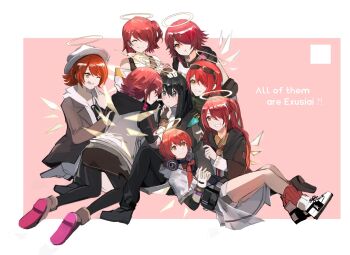 Rule 34 | 6+girls, amano toshi, arknights, black eyes, black gloves, black hair, black legwear, black pants, blush, brown gloves, closed eyes, closed mouth, commentary request, doctor (arknights), english text, exusiai (arknights), exusiai (city rider) (arknights), exusiai (wild operation) (arknights), eyewear on head, female doctor (arknights), fingerless gloves, gloves, hair between eyes, hair over one eye, halo, hand on head, headphones, highres, kneeling, licking lips, looking at another, lying, multiple girls, official alternate costume, open mouth, orange eyes, pants, pantyhose, parted lips, pout, red hair, shoes, short shorts, shorts, smile, sunglasses, tongue, tongue out, white gloves, yuri