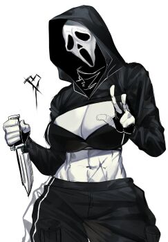 abs bra breasts cleavage fingerless_gloves ghostface gloves heart highres hood knife large_breasts mask midriff navel pale_skin pants scar scream_(movie) togetoge underwear