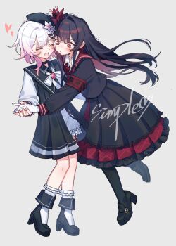 Rule 34 | 2girls, armband, beret, black hair, black hat, black jacket, black pantyhose, black shirt, black shoes, black skirt, cheek-to-cheek, closed eyes, commentary request, flower, full body, gradient hair, grey background, hair flower, hair ornament, hat, heads together, heart, highres, holding hands, jacket, long hair, long skirt, long sleeves, mahou shoujo no majo saiban, matcha00, multicolored hair, multiple girls, necktie, nikaido hiro, open mouth, pantyhose, pleated skirt, red armband, red eyes, red flower, red necktie, sakuraba ema, sample watermark, shirt, shoes, short hair, simple background, skirt, smile, socks, standing, watermark, white flower, white hair, white socks, x hair ornament