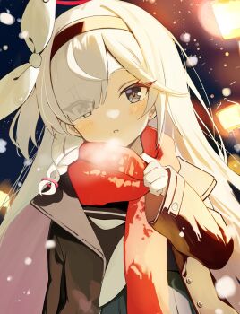 Rule 34 | absurdres, black coat, black hairband, black serafuku, blue archive, bow, breath, coat, eyes visible through hair, grey eyes, hair bow, hairband, highres, lamp, light blush, long hair, looking at viewer, neckerchief, night, outdoors, parted lips, plana (blue archive), red scarf, scarf, school uniform, serafuku, shirokuma (zeroillya), snow, upper body, white neckerchief