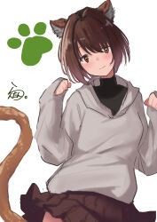 Rule 34 | 1girl, absurdres, alternate costume, animal ears, artist logo, brown eyes, brown hair, brown skirt, cat ears, cat tail, cowboy shot, grey sweater, highres, hood, hooded sweater, hyuuga (kancolle), kantai collection, lanthan, one-hour drawing challenge, paw pose, paw print, short hair, simple background, skirt, sleeves past wrists, smile, solo, sweater, tail, undershirt, white background