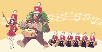 1girl baton beamed_eighth_notes beamed_sixteenth_notes bob_cut boots brown_eyes brown_hair commentary_request drum_major drumsticks eighth_note eyelashes falinks gen_8_pokemon gloria_(pokemon) hat highres komasawa_(fmn-ppp) marching marching_band marching_band_baton musical_note musical_staff nintendo poke_ball_print pokemon pokemon_(creature) pokemon_swsh quarter_note rillaboom short_hair sixteenth_note uniform x_(symbol) yellow_background