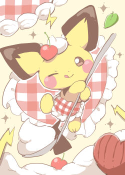 absurdres apron brown_eyes cherry chiko_(chi_p_71) clothed_pokemon commentary_request food fruit full_body gen_2_pokemon heart highres holding holding_spoon leaf licking_lips nintendo no_humans one_eye_closed pichu pokemon pokemon_(creature) pokemon_cafe_remix sparkle spoon tongue tongue_out waist_apron