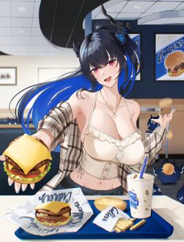 1girl absurdres asymmetrical_horns bare_shoulders belt black_belt black_hair blue_hair blue_pants booth_seating breasts burger camisole ceiling cheese cleavage colored_inner_hair commentary culver's cup demon_horns disposable_cup drinking_straw eipanguino english_commentary fast_food food french_fries highres holding holding_burger holding_food hololive hololive_english horns indoors jailbird_(nerissa_ravencroft) jewelry large_breasts lettuce long_hair looking_at_viewer midriff mole mole_under_eye multicolored_hair navel necklace nerissa_ravencroft off_shoulder open_mouth pants pink_eyes plaid_clothes plaid_shirt restaurant shirt sign sitting solo split-color_hair tomato tomato_slice tray two-tone_hair uneven_horns virtual_youtuber white_camisole