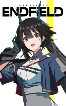 1girl absurdres arknights arknights:_endfield black_hair black_jacket blue_jacket chen_qianyu_(arknights) dragon_girl dragon_horns highres horns jacket long_hair looking_at_viewer open_mouth solo teeth upper_body upper_teeth_only user_etcj5374 white_background