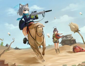4girls absurdres animal_ear_fluff animal_ears aqua_scarf assault_rifle black_skirt blue_archive blue_eyes boots brown_hair cactus camel crossover day desert dokomon double_bun extra_ears gloves green_gloves grey_hair grey_skirt gun hair_between_eyes hair_bun hair_ornament hairclip halo haruka_(blue_archive) hat helmet helmet_gang_officer_(blue_archive) helmet_gangster_(blue_archive) highres holding holding_gun holding_weapon jacket long_sleeves medium_hair metal_slug military_jeep miniskirt monster motor_vehicle multiple_girls outdoors plaid_clothes plaid_skirt plant_monster pleated_skirt purple_hair red_jacket riding rifle scarf school_uniform seed shiroko_(blue_archive) sig_sauer sig_sauer_556 skirt socks sv-camel trigger_discipline weapon white_socks wolf_ears wolf_girl yellow_halo