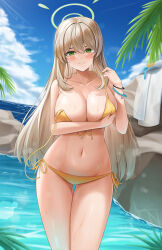 Rule 34 | 1girl, bikini, blonde hair, blue archive, blue sky, breasts, closed mouth, cloud, commentary request, covering breasts, covering privates, cowboy shot, day, gluteal fold, green eyes, hair between eyes, halo, hat, highres, horizon, large breasts, lazb., long hair, looking at viewer, navel, nonomi (blue archive), nonomi (swimsuit) (blue archive), ocean, official alternate costume, outdoors, sky, smile, solo, standing, sun hat, swimsuit, thighs, towel, unworn hat, unworn headwear, very long hair, white hat, white towel, yellow bikini