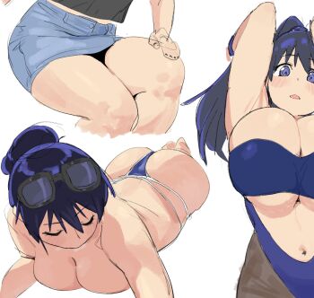 1girl arato_nagi ass bikini blue_eyes blue_hair breasts cleavage denpatou eyewear_on_head highres large_breasts long_hair lying on_stomach ponytail ruri_no_houseki simple_background sketch sunglasses swimsuit white_background