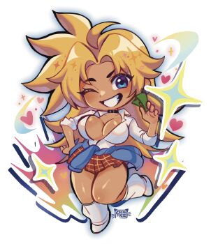 blonde_hair blue_eyes breasts chibi clothes_around_waist dark-skinned_female dark_skin emily_botta energy_kyouka!! gyaru hair_intakes heart highres holding holding_money huge_breasts long_hair money one_eye_closed partially_unbuttoned pleated_skirt shiraishi_kyouka skirt smile sparkle spiked_hair sweater sweater_around_waist teeth thick_thighs thighs very_long_hair