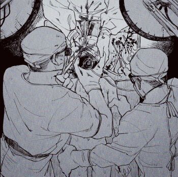 1girl 1other 2boys bandaged_head bandages blood flat_chest gloves latex latex_gloves mask mouth_mask multiple_boys nude operating_table original oxygen_mask red_hod rubber_gloves surgeon surgery surgical_mask surgical_scissors table