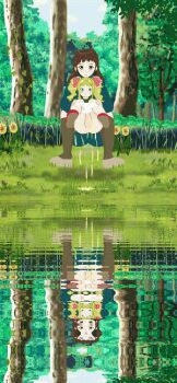 2girls age_difference animated animated_gif assisted_peeing blonde_hair blue_dress blue_eyes brown_eyes brown_hair brown_shoes brown_socks carrying carrying_person cloud dress flower forest grass green_shirt hair_ribbon kneehighs loli long_hair long_sleeves looking_at_viewer mother_and_daughter multiple_girls nature neko_no_kimagure original panties panty_pull peeing pink_ribbon pond puddle pussy red_shoes ribbon ripples shirt shoes sky socks squatting sunflower tree twintails uncensored underwear water white_panties