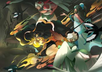 1boy 3girls bandal bird black_hair blue_dress cloud_deity_cookie cloud_hair cookie_run crane_(animal) dress eyelashes facial_hair fire folded_umbrella goatee highres long_hair multiple_girls rain_deity_cookie stormbringer_cookie white_hair wind_deity_cookie winged_arms wings