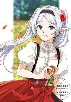 Rule 34 | 1girl, :t, artist name, blurry, blurry background, border, brown hairband, collared shirt, commentary request, earrings, elf, falling petals, flower, food, food on face, frieren, grey hair, hair flower, hair ornament, hairband, holding, holding food, jewelry, kizuka2020, long hair, parted bangs, petals, pointy ears, pretzel, puffy short sleeves, puffy sleeves, red flower, red petals, red skirt, shirt, short sleeves, skirt, solo, sousou no frieren, suspender skirt, suspenders, thick eyebrows, twintails, upper body, white border, white shirt