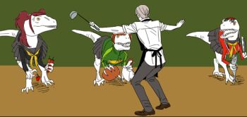 Rule 34 | 1boy, amagi yukiko, apron, artist name, jurassic world, kujikawa rise, meme, narukami yu, outstretched arms, parody, persona, persona 4, prattkeeping (meme), satonaka chie, simple background, tagme