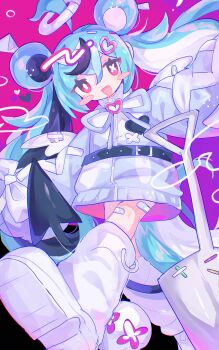 Rule 34 | 1girl, absurdres, ahoge, alternate costume, bandaid, bandaid on leg, belt, black hair, blue hair, blush stickers, brooch, commentary request, demon tail, double bun, drooling, fang, foot out of frame, gradient background, grey jacket, hair bun, halo, hatsune miku, heart, heart brooch, highres, jacket, jewelry, leg warmers, long hair, long sleeves, looking at viewer, mismatched pupils, mouth drool, multicolored hair, open mouth, outstretched arms, pink background, pink eyes, planted, planted shovel, puffy long sleeves, puffy sleeves, purple background, seimeisei syndrome (vocaloid), shoes, shovel, sleeves past fingers, sleeves past wrists, smile, solo, spread arms, sushiuma m, symbol-shaped pupils, tail, twintails, very long hair, vocaloid, walking, white hair, white leg warmers, white shoes, x-shaped pupils