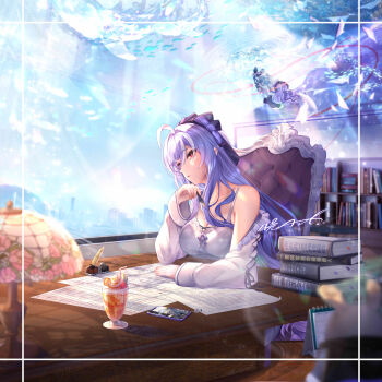 Rule 34 | 1girl, absurdres, ahoge, blush, book, book stack, bow, camisole, chair, collarbone, commentary request, cup, desk lamp, drinking straw, food, fruit, grey camisole, grey jacket, gxws, hair between eyes, hair bow, highres, ice cream, jacket, lamp, long hair, long sleeves, ocean, on chair, paper, purple bow, purple hair, quill, red eyes, single off shoulder, strawberry, vivian banshee, water, wise (zenless zone zero), zenless zone zero