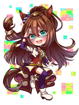 1girl animal_ears blue_eyes blush bodice boots breasts brown_hair chibi chibi_only choker collarbone commentary_request corset cropped_jacket domino_mask ear_scrunchie el_condor_pasa_(umamusume) eye_mask full_body garter_straps hair_between_eyes highres horse_ears horse_girl horse_tail jacket large_breasts long_hair long_sleeves looking_at_viewer mask midriff_peek navel open_mouth overskirt pendant_choker ponytail purple_choker purple_garter_straps purple_thighhighs red_corset red_shorts shirt shorts smile solo standing standing_on_one_leg star_(symbol) starting_future_(umamusume) sugimotty_nova tail teeth thighhighs umamusume upper_teeth_only white_boots white_jacket white_shirt wristband
