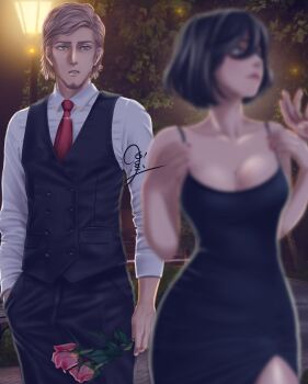 1boy 1girl affair alternate_costume bad_tag bare_shoulders black_dress black_hair blurry blurry_foreground bouquet brown_hair cheating_(relationship) collarbone commentary commentary_request disgrace disgust dress english_commentary facial_hair flower formal_clothes goatee highres holding holding_bouquet incest infidelity jean_kirstein kimotu2 lantern long_sleeves looking_at_another mikasa_ackerman mixed-language_commentary nail_polish necktie netorare netorase night out_of_character outdoors red_nails red_necktie shingeki_no_kyojin shirt short_hair sky sleeveless sleeveless_dress suit trash unfaithful white_shirt