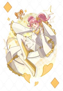 Rule 34 | 2girls, ace (playing card), ace of diamonds, amulet dia, bare shoulders, boots, brown eyes, brown hair, card, card (medium), chen quming hao nan, chibi, chinese commentary, cleavage cutout, clothing cutout, coattails, collared dress, commentary request, dia (shugo chara!), diamond (shape), diamond cutout, diamond hair ornament, dot nose, dress, egg, eyelashes, frilled sleeves, frills, full body, hairband, headphones, headset, highres, hinamori amu, humpty lock (shugo chara!), idol, invisible chair, light blush, long sleeves, magical girl, midriff, mini person, minigirl, miniskirt, multicolored boots, multiple girls, neck ribbon, open mouth, outstretched arm, outstretched arms, pink hair, playing card, playing card (medium), pleated dress, ribbon, shirt, short dress, short hair, short twintails, shoulder cutout, shugo chara!, sitting, skirt, skirt set, sleeveless, sleeveless shirt, sleeves past fingers, sleeves past wrists, smile, sparkle, thigh boots, twintails, two-tone boots, watermark, watermark grid, white boots, white dress, white hairband, white ribbon, wide sleeves, yellow boots, yellow shirt, yellow skirt