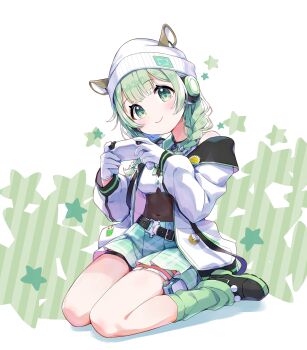 1girl absurdres amimi animal_ears beanie belt belt_buckle black_belt black_shoes bow bowtie braid buckle commentary_request commission controller covered_navel cupcake_print deer_ears ears_through_headwear food_print game_controller gloves green_bow green_bowtie green_eyes green_hair green_skirt green_socks hair_bow hat headphones highres holding holding_controller holding_game_controller jacket long_hair loose_socks natori_hinata off_shoulder open_clothes open_jacket plaid_clothes plaid_skirt pleated_skirt project_nebula second-party_source shirt shoes sitting skeb_commission skirt socks solo star_(symbol) thigh_strap twin_braids virtual_youtuber white_bow white_bowtie white_gloves white_hat white_jacket white_shirt