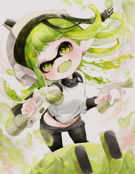 1girl anon1um black_pants blurry blurry_foreground commentary_request crab_tank_(splatoon) fang green_eyes green_hair hat highres ink inkling inkling_girl inkling_player_character long_hair looking_at_viewer nintendo open_mouth pants shirt skin_fang smile solo splat_dualies_(splatoon) splatoon_(series) splatoon_3 tentacle_hair white_background white_hat white_shirt