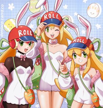 1girl 3girls ;d alternate_costume android animal_ears arm_behind_back bare_shoulders baseball_cap black_bodysuit blonde_hair blush bodysuit bow bowtie breasts buttons carrot carrot_bag commentary deniacp detached_collar easter_egg egg english_commentary flipped_hair food food-themed_bag green_eyes green_ribbon hair_behind_ear hat headphones highleg highleg_leotard highres jacket kneehighs leotard letterman_jacket long_hair long_sleeves looking_at_viewer loose_socks mega_man_(classic) mega_man_(series) mega_man_battle_network_(series) mega_man_legends_(series) mega_man_x_(series) mega_man_x_dive multiple_girls official_alternate_costume one_eye_closed open_clothes open_jacket open_mouth pink_bow pink_bowtie ponytail popsicle puffy_long_sleeves puffy_sleeves quilted_bag rabbit_ears red_hat ribbon robot_girl roll.exe_(mega_man) roll_(mega_man) roll_caskett_(mega_man) shoes sidelocks small_breasts smile socks standing standing_on_one_leg strapless strapless_leotard teeth thigh_gap thighs white_jacket white_leotard white_shoes white_socks