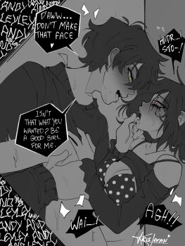 1boy 1girl :d adam's_apple against_wall andrew_graves antenna_hair artist_name ashley_graves bags_under_eyes blush bottomless bra bra_strap breasts brother_and_sister character_name choker cleavage clothes_lift collarbone commentary crying crying_with_eyes_open drooling ear_blush english_commentary english_text eye_contact face-to-face feet_out_of_frame finger_in_another's_mouth flying_sweatdrops from_side good_girl_(phrase) green_eyes grey_background hair_between_eyes hand_on_another's_chin hand_up heart hetero highres holding_another's_tongue implied_rape implied_sex incest knee_up krisleean leg_lift long_sleeves looking_at_another looking_down looking_up makeup medium_breasts messy_hair nose_blush off-shoulder_shirt off_shoulder open_mouth pink_eyes polka_dot polka_dot_bra profile puffy_long_sleeves puffy_sleeves rape runny_makeup saliva shirt shirt_lift short_hair siblings sidelocks simple_background smile speech_bubble spot_color sweat sweater tears teeth the_coffin_of_andy_and_leyley tongue tongue_out two-tone_bra underwear upper_body upper_teeth_only