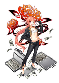 1girl black_gloves black_jacket black_pants black_shoes breasts chest_sarashi closers full_body gloves hand_on_own_hip hand_up high_heels highres holding holding_removed_eyewear jacket long_hair long_sleeves looking_at_viewer low_ponytail luna_aegis_(closers) money navel official_art one_eye_closed open_clothes open_jacket open_mouth pants pink_hair ponytail purple_eyes sarashi shoes simple_background small_breasts smile solo standing stomach suitcase unworn_eyewear very_long_hair white_background