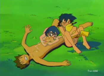 3boys anal ash_ketchum balls_sucking barefoot bestiality black_eyes black_hair blue_hair blush brock_(pokemon) brown_hair cum cum_on_body cum_on_chest cum_on_ground cum_on_self fellatio gen_1_pokemon glasses grass group_sex licking lowres male_focus max_(pokemon) multiple_boys nintendo nude oral penis pikachu pokemon pokemon_(anime) pokemon_(creature) scene_parody sex short_hair shota testicles uncensored yaoi