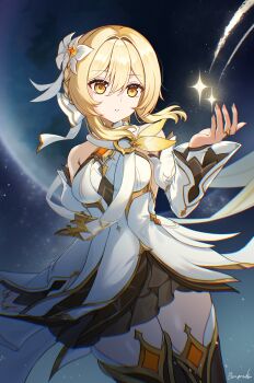 1girl absurdres amaneko_(amaneko_y) bare_shoulders blonde_hair boots breasts commentary_request cowboy_shot detached_sleeves dress fingernails flower genshin_impact hair_between_eyes hair_flower hair_ornament hair_ribbon hand_up highres jewelry long_fingernails looking_at_viewer lumine_(as_heaven_and_earth_are_made_anew)_(genshin_impact) lumine_(genshin_impact) medium_breasts night official_alternate_costume outdoors parted_lips ribbon ring shooting_star short_hair_with_long_locks signature solo thigh_boots white_dress yellow_eyes