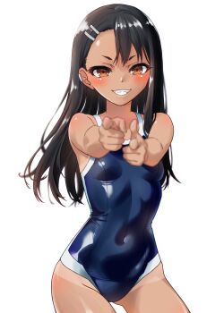 1girl absurdres asymmetrical_bangs black_hair blue_one-piece_swimsuit blush breasts brown_eyes clenched_teeth commentary_request covered_navel cowboy_shot double_finger_gun earclip fang finger_gun gluteal_fold highres ijiranaide_nagatoro-san long_hair looking_at_viewer nagatoro_hayase one-piece_swimsuit pointing pointing_at_viewer school_swimsuit shaula626 simple_background small_breasts solo swimsuit tan tanline teeth two-tone_one-piece_swimsuit v-shaped_eyebrows white_background white_one-piece_swimsuit