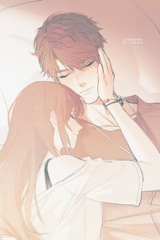 1boy 1girl bracelet brown_hair caleb_(love_and_deepspace) closed_eyes closed_mouth couple hair_between_eyes hand_on_another&#039;s_cheek hand_on_another&#039;s_face hetero highres jewelry long_hair love_and_deepspace necklace off-shoulder_shirt off_shoulder protagonist_(love_and_deepspace) sepia shirt short_hair short_sleeves upper_body white_shirt wuren_daoshang_dekezong