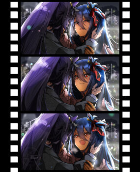 2girls absurdres animal_ears black_hair black_jacket closed_mouth commentary_request dark-skinned_female dark_skin fang film_strip hair_between_eyes hair_ornament hairclip hand_on_another's_cheek hand_on_another's_face highres hishi_amazon_(umamusume) horse_ears horse_girl jacket long_hair long_sleeves looking_at_another multiple_girls naegi_happy narita_brian_(umamusume) open_mouth pink_jacket ponytail red_eyes smile umamusume very_long_hair yuri