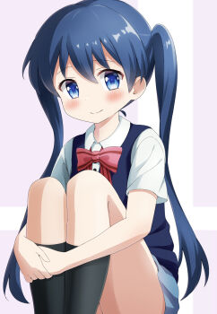 Rule 34 | 1girl, absurdres, black socks, blue eyes, blue hair, blue skirt, blue vest, blush, bow, bowtie, collared shirt, commentary, highres, hugging own legs, kin-iro mosaic, knees up, komeko416, komichi aya, long hair, looking at viewer, miniskirt, moegi high school uniform, pink bow, pink bowtie, school uniform, shirt, short sleeves, sitting, skirt, smile, socks, solo, striped bow, striped bowtie, striped clothes, summer uniform, thighs, twintails, vest, white shirt