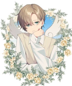 1boy angel_wings blue_sky border brown_hair collared_shirt commentary_request floral_border flower frown green_eyes head_rest highres kanae_(9th_costume)_(nijisanji) kanae_(nijisanji) long_sleeves looking_at_viewer male_focus mole mole_under_eye nana72710193 nijisanji rose shirt simple_background sky solo sweater sweater_vest upper_body virtual_youtuber white_background white_shirt wings yellow_flower yellow_rose yellow_sweater