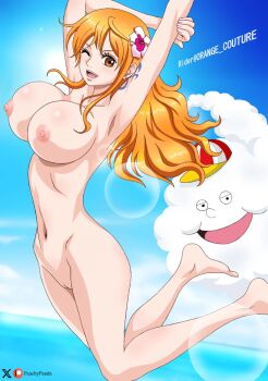 1boy 1girl 2024 artist_logo artist_name ass barefoot beach blue_sky bouncing_breasts breasts brown_eyes completely_nude curvy day hat highres jumping large_breasts logo long_hair nami_(one_piece) nude nude_filter nudist nudist_beach one_piece open_mouth orange_hair peachypandaono ponytail pussy rider_(orange_couture) shiny_skin sky smile third-party_edit uncensored water wide_hips zeus_(one_piece)