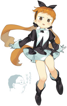 1girl boots brown_eyes highres juliet_sleeves loli long_hair long_sleeves luo_xiaohei_zhanji orange_hair panties puffy_sleeves shanxin_(the_legend_of_luoxiaohei) simple_background soosaresu twintails underwear upskirt white_background