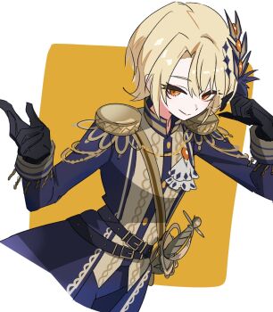 belt black_belt black_gloves black_jacket blonde_hair closed_mouth epaulettes gloves hands_up hasumi_leia highres jacket long_sleeves looking_at_viewer mahou_shoujo_no_majo_saiban sash sheath sheathed short_hair shoulder_sash smile solo sword waipiiy weapon yellow_eyes