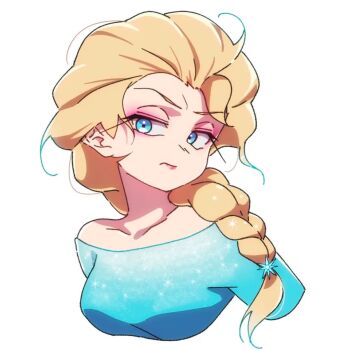 1girl annabird2520 bare_shoulders blonde_hair blue_eyes braid breasts collarbone cropped_arms cropped_torso dress elsa_(frozen) eyeliner eyeshadow frown frozen_(disney) hair_ornament lipstick long_hair looking_at_viewer makeup mascara non-web_source off_shoulder pink_eyeshadow single_braid snowflake_hair_ornament solo upper_body white_background